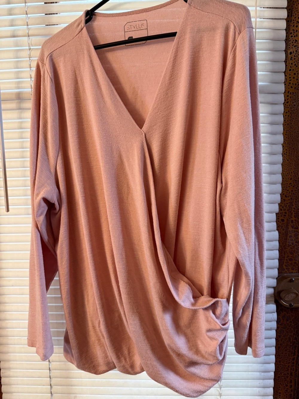 STYLUS Blush Pink Draped V-Neck Long Sleeve Top